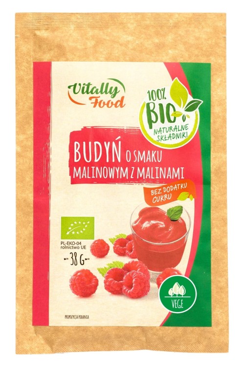 Budyń o smaku malinowym z malinami bez cukru BIO 38g Vitally Food