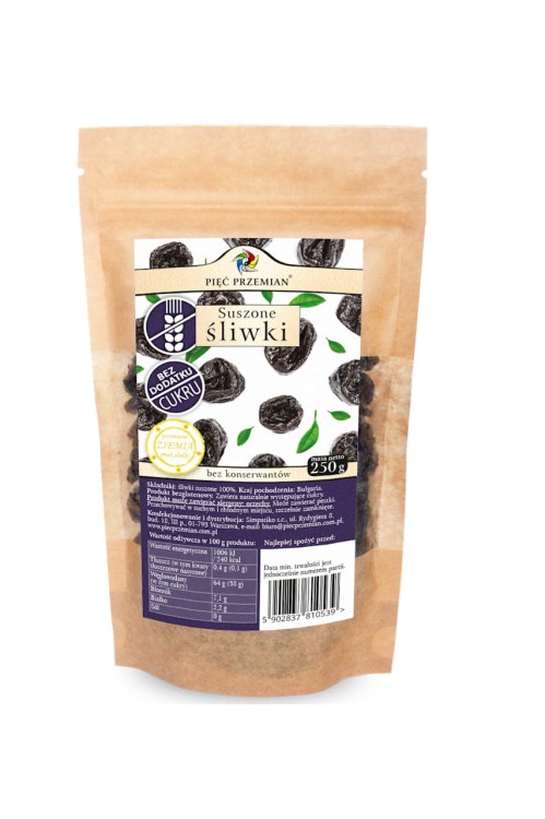 Śliwki suszone bez dodatku cukru 250g Pięć Przemian