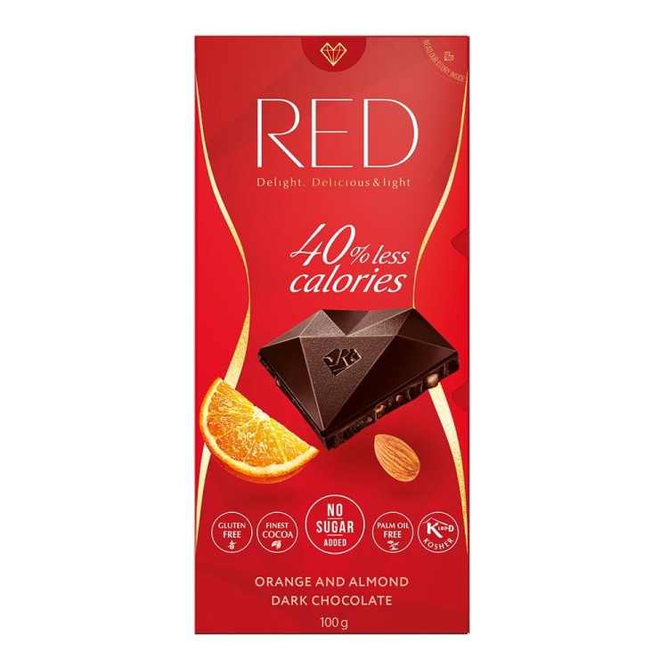 Czekolada RED Delight, gorzka z migdałami i skórką z pomarańczy bez cukru 100g