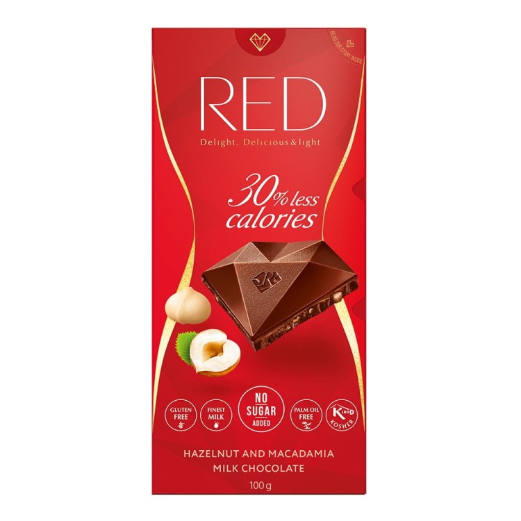 Czekolada RED Delight, mleczna z orzechami laskowymi i makadamia bez cukru 100g