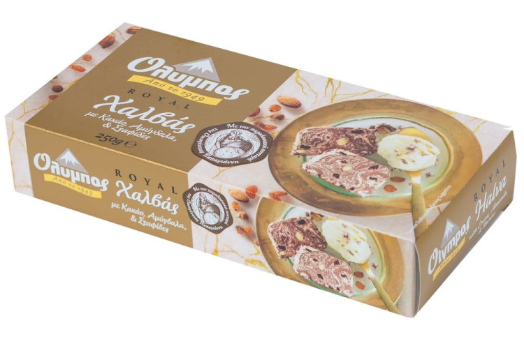 Grecka chałwa królewska - z kakao, migdałami i rodzynkami 250g Olympos. Produkt bezglutenowy
