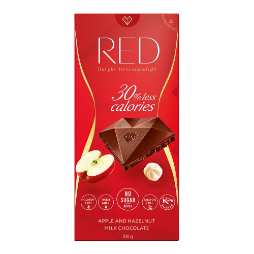 Czekolada RED Delight, mleczna z jabłkami i orzechami laskowymi bez cukru 100g