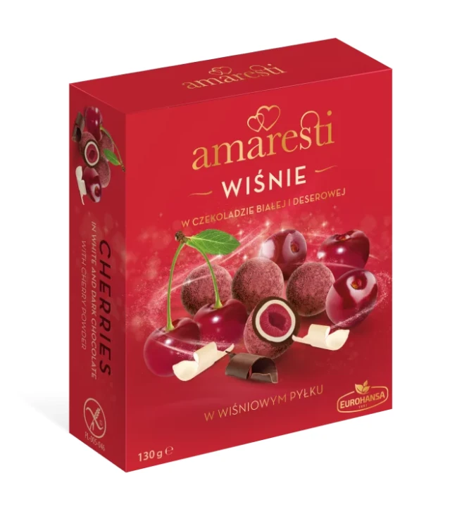 Wiśnie w czekoladzie deserowej i białej w wiśniowym pyłku 130g Amaresti