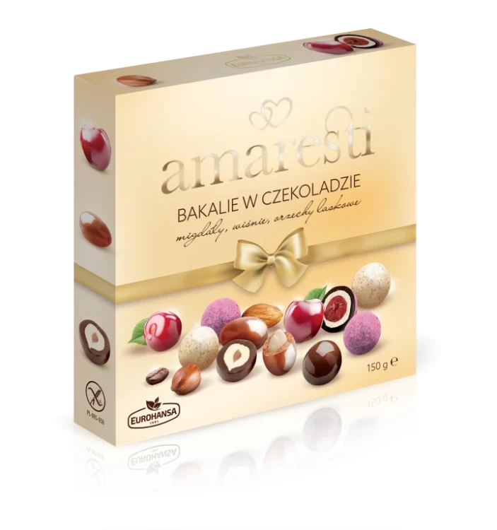 Bakalie w czekoladzie - migdały, wiśnie, orzechy laskowe - 150g Amaresti - opakowanie ecru