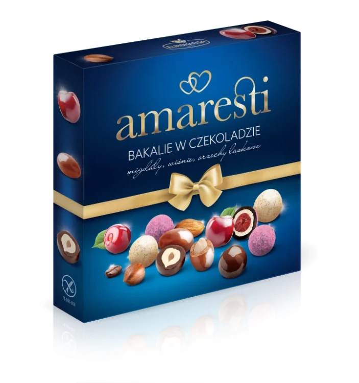 Bakalie w czekoladzie - migdały, wiśnie, orzechy laskowe - 150g Amaresti - opakowanie granatowe