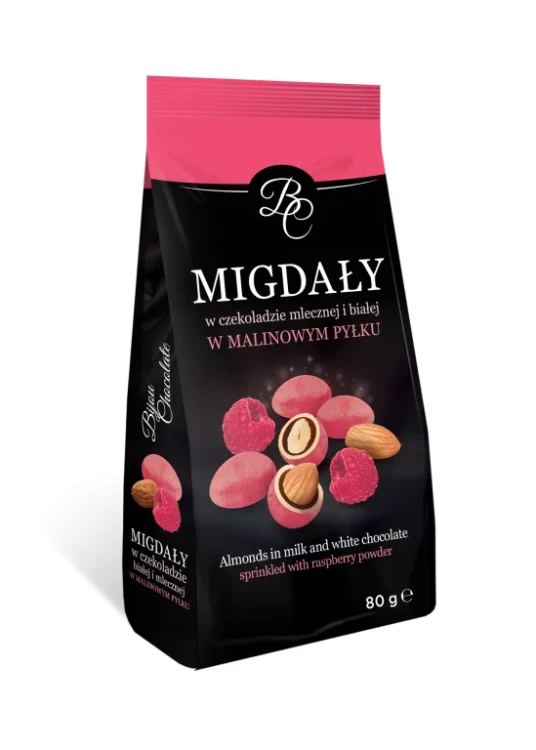 Migdały w czekoladzie mlecznej i białej w malinowym pyłku 80g BC