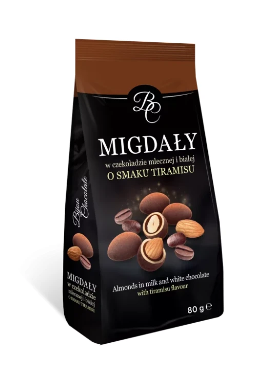 Migdały w czekoladzie mlecznej i białej o smaku tiramisu 80g BC