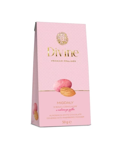 Migdały w białej czekoladzie w malinowym pyłku 50g Divine Premium Pralines