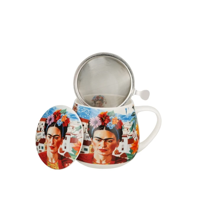 Kubek baryłka z metalowym zaparzaczem i pokrywką 430ml MEXICAN ART RED - FRIDA