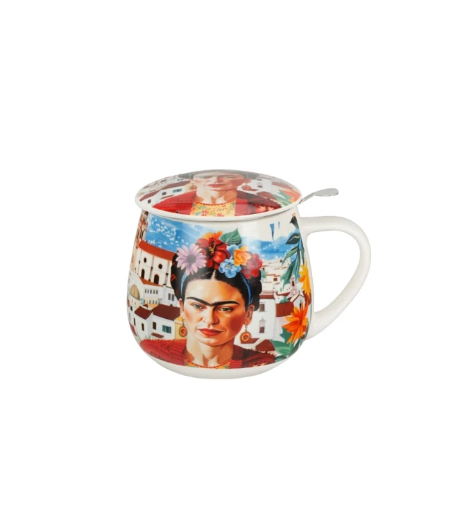 Kubek baryłka z metalowym zaparzaczem i pokrywką 430ml MEXICAN ART RED - FRIDA