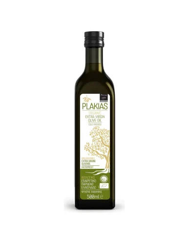 Grecka, ekologiczna  oliwa z oliwek extra virgin  z Krety 500ml PLAKIAS, w butelce wykonanej z grubego, ciemnozielonego szkła, które zapobiega przedostawaniu się szkodliwych dla oliwy promieni UV.
