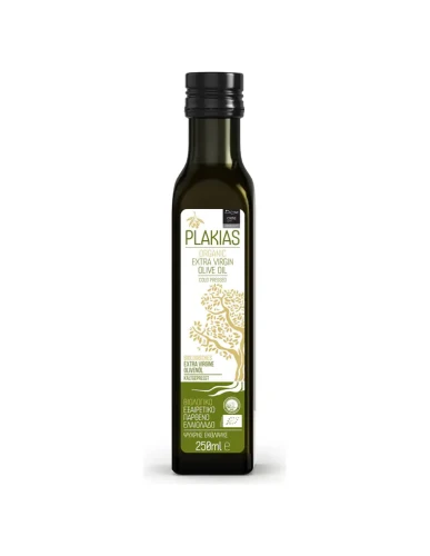 Grecka, ekologiczna  oliwa z oliwek extra virgin  z Krety 250ml PLAKIAS, w butelce wykonanej z grubego, ciemnozielonego szkła, które zapobiega przedostawaniu się szkodliwych dla oliwy promieni UV.