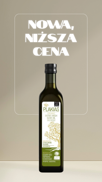 Grecka, ekologiczna  oliwa z oliwek extra virgin  z Krety 1l PLAKIAS, w butelce wykonanej z grubego, ciemnozielonego szkła, które zapobiega przedostawaniu się szkodliwych dla oliwy promieni UV.
