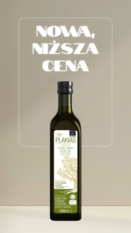 Grecka, ekologiczna  oliwa z oliwek extra virgin  z Krety 500ml PLAKIAS, w butelce wykonanej z grubego, ciemnozielonego szkła, które zapobiega przedostawaniu się szkodliwych dla oliwy promieni UV.
