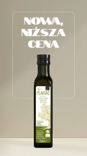 Grecka, ekologiczna  oliwa z oliwek extra virgin  z Krety 250ml PLAKIAS, w butelce wykonanej z grubego, ciemnozielonego szkła, które zapobiega przedostawaniu się szkodliwych dla oliwy promieni UV.