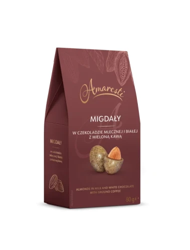 Migdały w czekoladzie mlecznej i białej z mieloną kawą 80g Amaresti