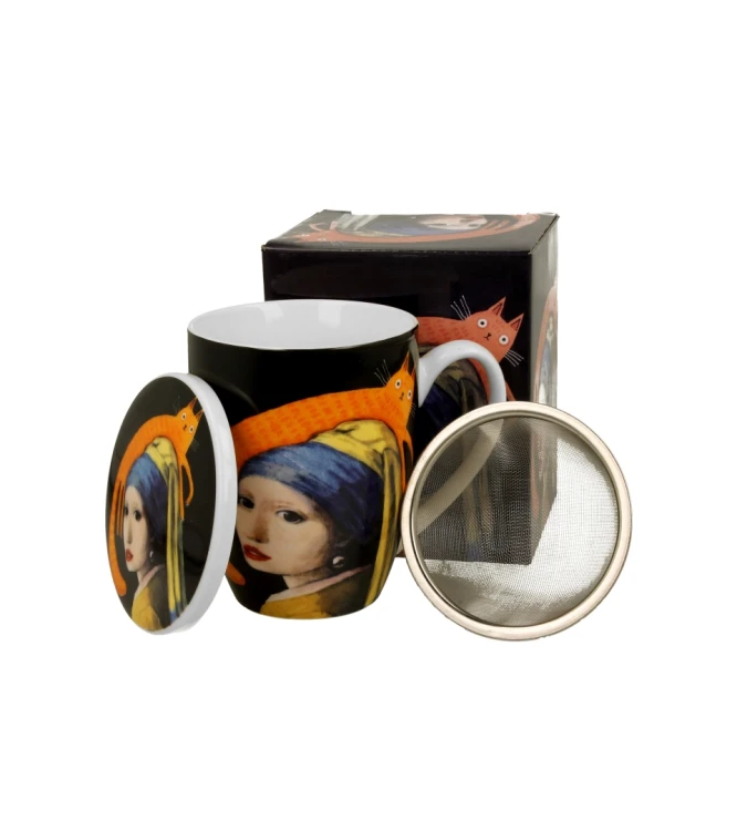 Kubek porcelanowy z metalowym zaparzaczem i pokrywką 360ml Koci Świat - DZIEWCZYNA Z KOTEM