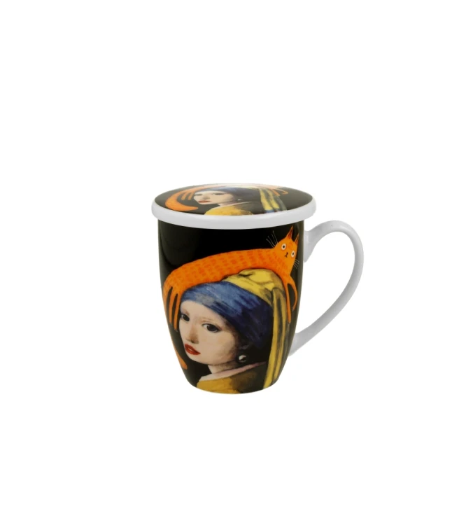Kubek porcelanowy z metalowym zaparzaczem i pokrywką 360ml Koci Świat - DZIEWCZYNA Z KOTEM