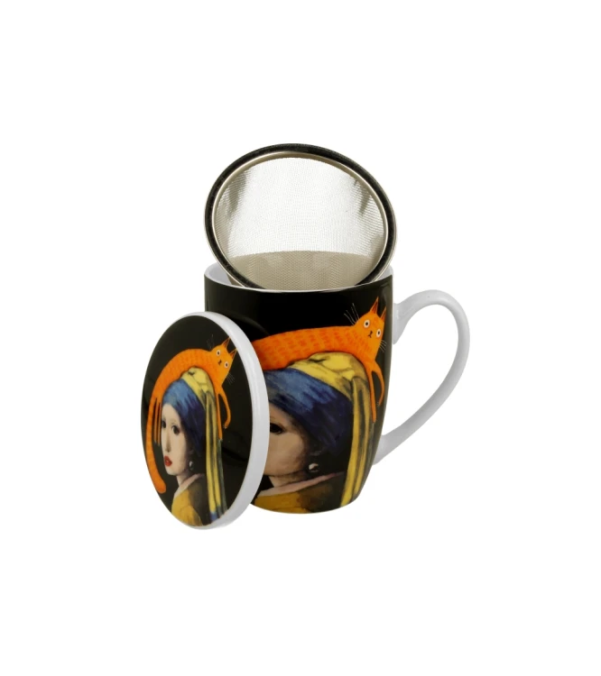 Kubek porcelanowy z metalowym zaparzaczem i pokrywką 360ml Koci Świat - DZIEWCZYNA Z KOTEM