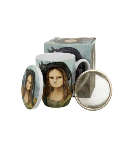 Kubek porcelanowy z metalowym zaparzaczem i pokrywką 360ml Koci Świat - MONA LISA z KOTEM