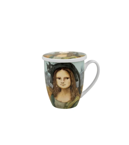 Kubek porcelanowy z metalowym zaparzaczem i pokrywką 360ml Koci Świat - MONA LISA z KOTEM