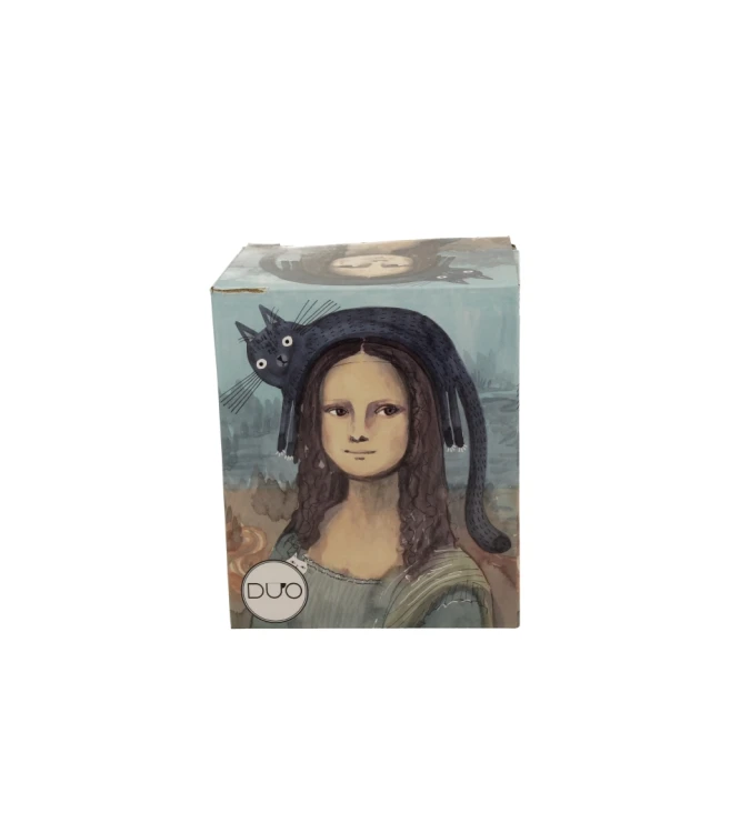 opakowanie ozdobne do kubka porcelanowego z metalowym zaparzaczem i pokrywką 360ml Koci Świat - MONA LISA z KOTEM