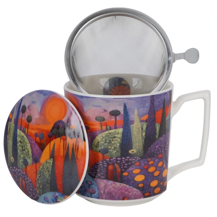 Porcelanowy kubek z metalowym zaparzaczem i pokrywką 450ml MODERN BUBBLY HILLS