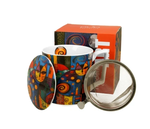 Porcelanowy kubek z metalowym zaparzaczem i pokrywką 450ml MODERN CAT