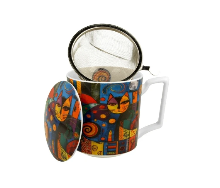 Porcelanowy kubek z metalowym zaparzaczem i pokrywką 450ml MODERN CAT