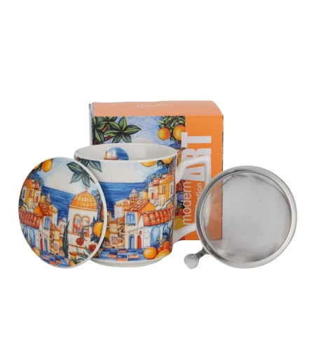 Porcelanowy kubek z metalowym zaparzaczem i pokrywką 450ml MODERN ESPANIA
