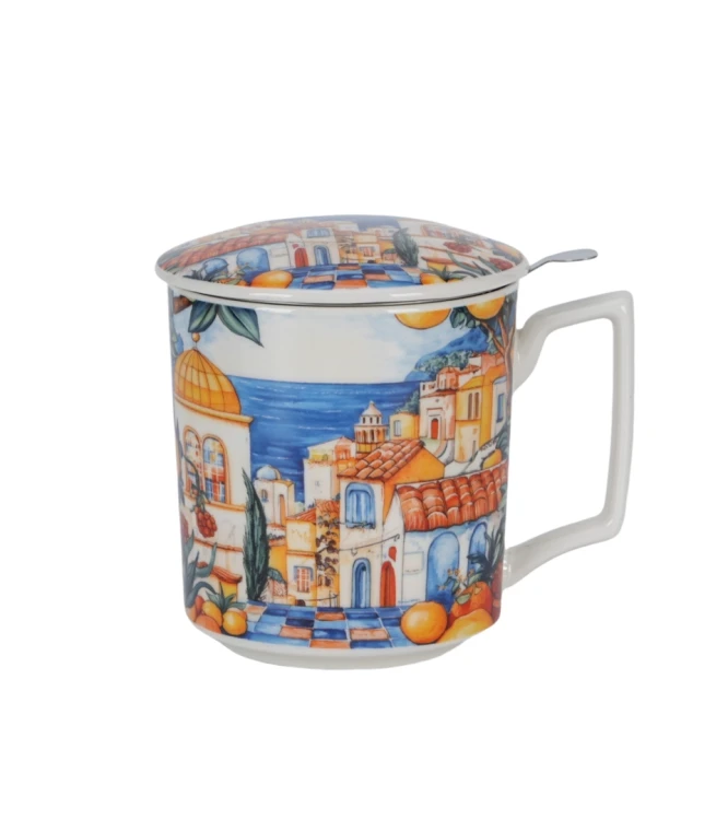 Porcelanowy kubek z metalowym zaparzaczem i pokrywką 450ml MODERN ESPANIA
