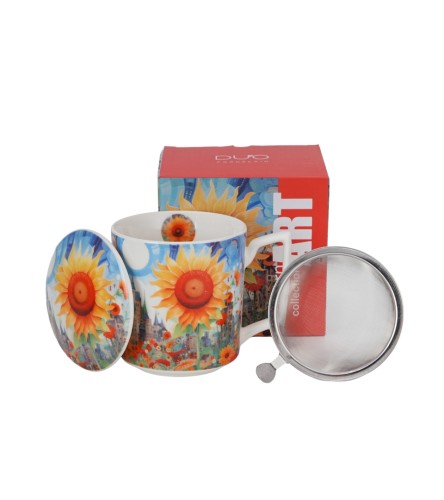 Porcelanowy kubek z metalowym zaparzaczem i pokrywką 450ml MODERN SUNFLOWER