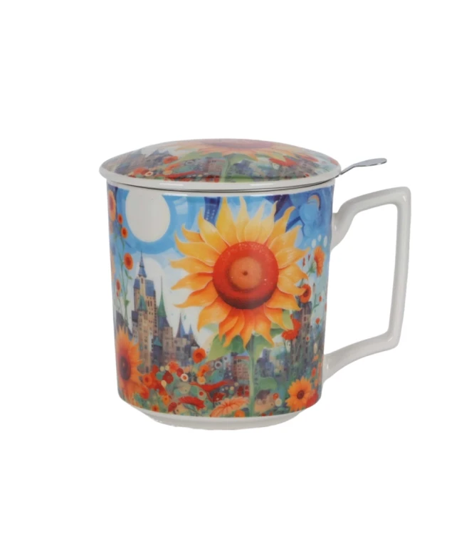 Porcelanowy kubek z metalowym zaparzaczem i pokrywką 450ml MODERN SUNFLOWER