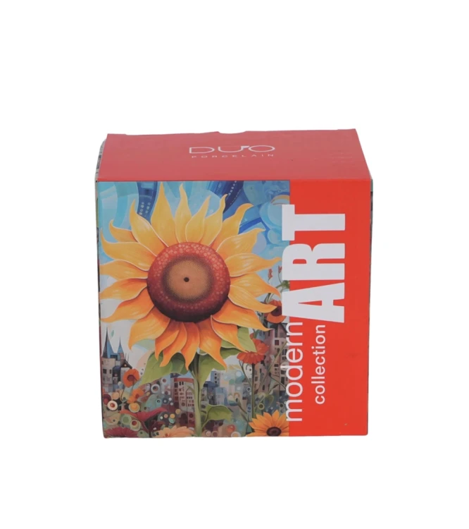 Opakowanie ozdobne na kubek porcelanowy z metalowym zaparzaczem i pokrywką 450ml MODERN SUNFLOWER