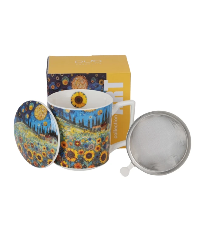 Porcelanowy kubek z metalowym zaparzaczem i pokrywką 450ml MODERN SUNFLOWER FIELD