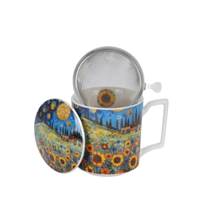 Porcelanowy kubek z metalowym zaparzaczem i pokrywką 450ml MODERN SUNFLOWER FIELD