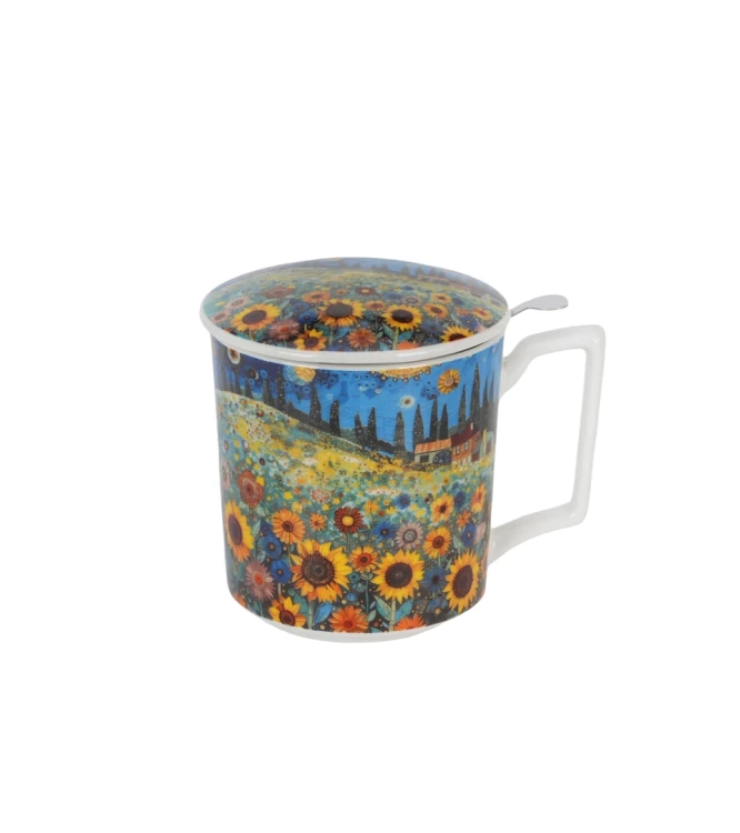 Porcelanowy kubek z metalowym zaparzaczem i pokrywką 450ml MODERN SUNFLOWER FIELD