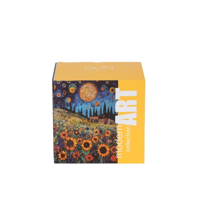 Opakowanie ozdobne na kubek porcelanowy z metalowym zaparzaczem i pokrywką 450ml MODERN SUNFLOWER FIELD