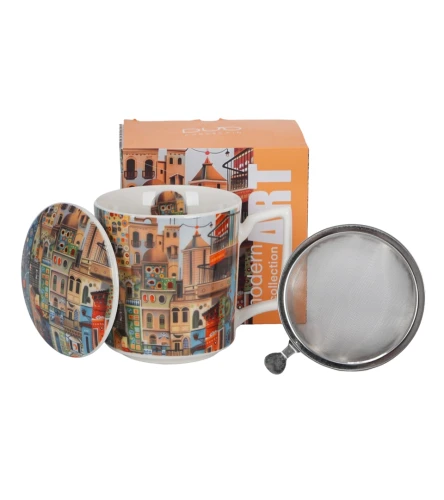 Porcelanowy kubek z metalowym zaparzaczem i pokrywką 450ml MODERN SWEET CITY
