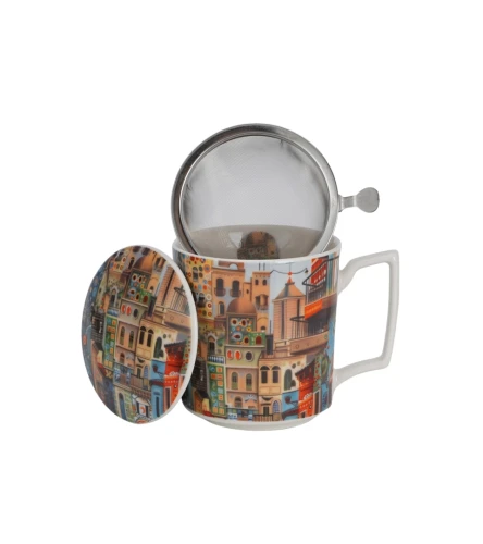 Porcelanowy kubek z metalowym zaparzaczem i pokrywką 450ml MODERN SWEET CITY