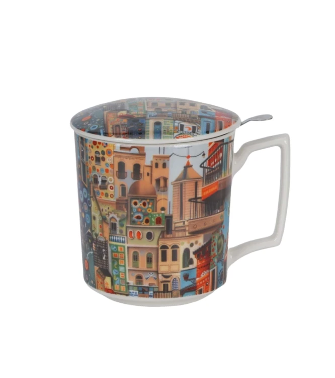 Porcelanowy kubek z metalowym zaparzaczem i pokrywką 450ml MODERN SWEET CITY