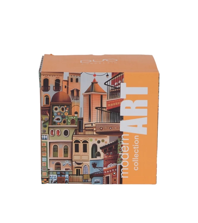 Opakowanie ozdobne na kubek porcelanowy z metalowym zaparzaczem i pokrywką 450ml MODERN SWEET CITY
