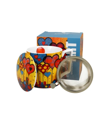 Porcelanowy kubek z metalowym zaparzaczem i pokrywką 450ml MODERN HEARTS