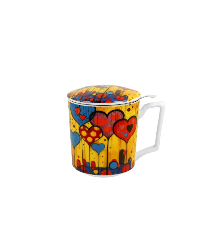 Porcelanowy kubek z metalowym zaparzaczem i pokrywką 450ml MODERN HEARTS