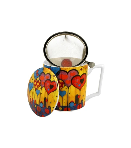 Porcelanowy kubek z metalowym zaparzaczem i pokrywką 450ml MODERN HEARTS