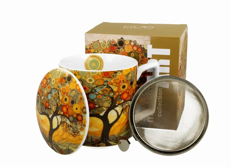 Porcelanowy kubek z metalowym zaparzaczem i pokrywką 450ml MODERN TREE