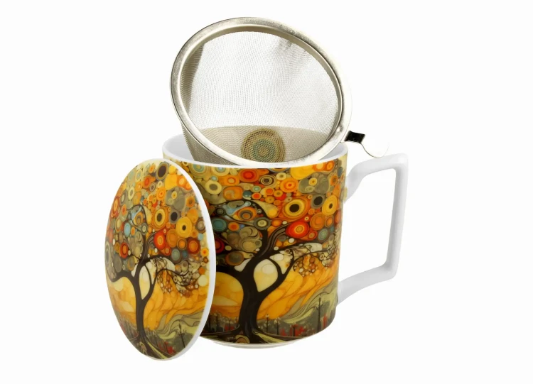 Porcelanowy kubek z metalowym zaparzaczem i pokrywką 450ml MODERN TREE