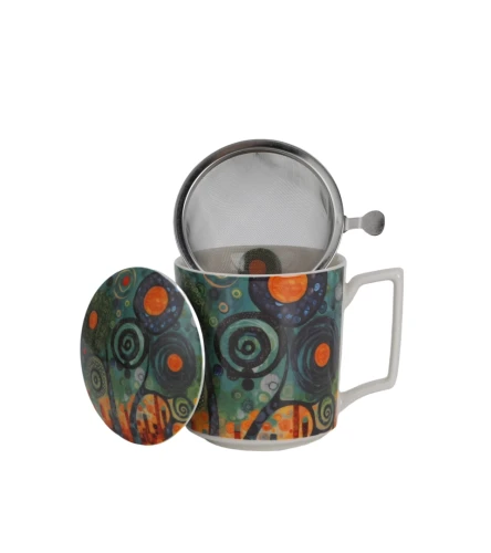 Porcelanowy kubek z metalowym zaparzaczem i pokrywką 450ml MODERN TWISTED TREES