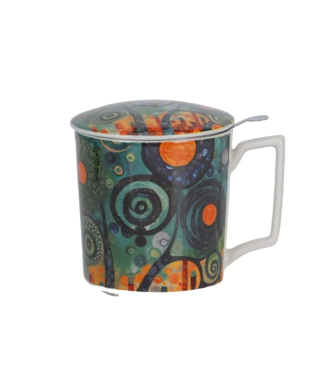 Porcelanowy kubek z metalowym zaparzaczem i pokrywką 450ml MODERN TWISTED TREES