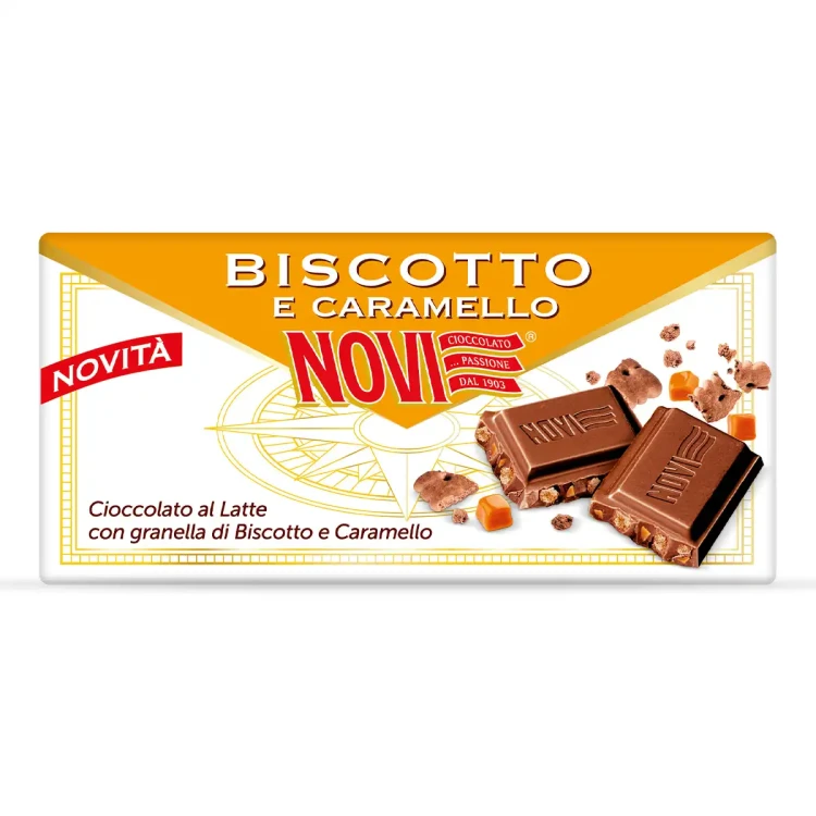 Włoska Czekolada mleczna z biszkoptem i chrupiącymi płatkami karmelu 100g NOVI BISCOTTO E CARAMELLO